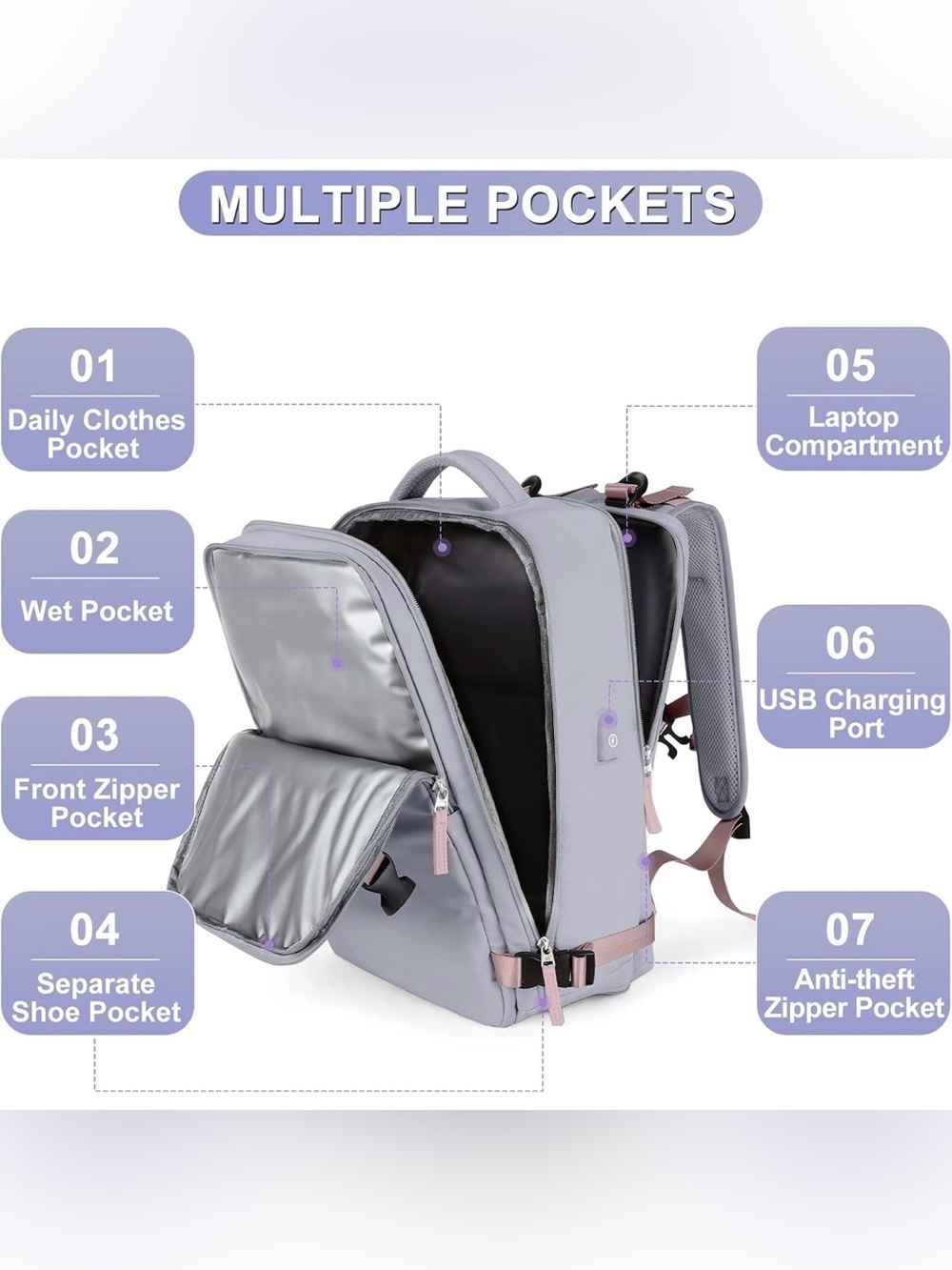 Coofay Travel Airline Approved Carry On Backpack - Lavender/Pink - Picture 4 of 16